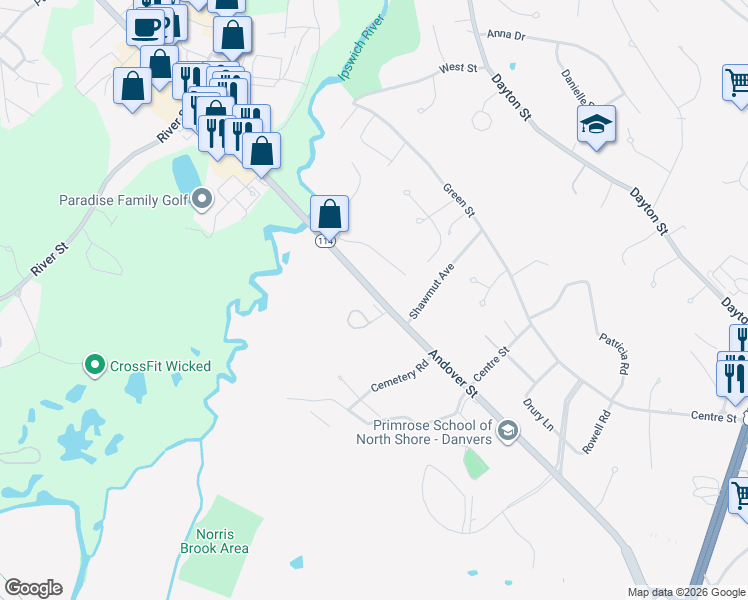 map of restaurants, bars, coffee shops, grocery stores, and more near 379 Massachusetts 114 in Danvers
