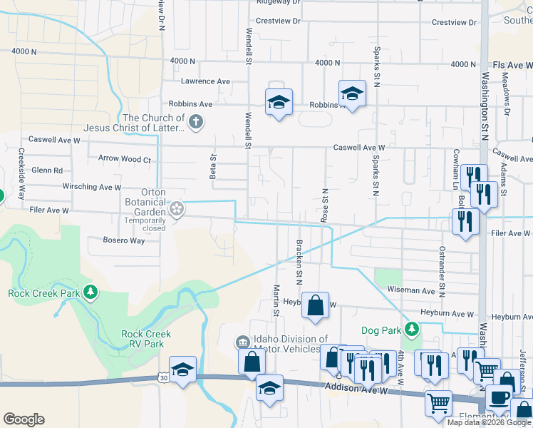 map of restaurants, bars, coffee shops, grocery stores, and more near 650 Filer Avenue West in Twin Falls