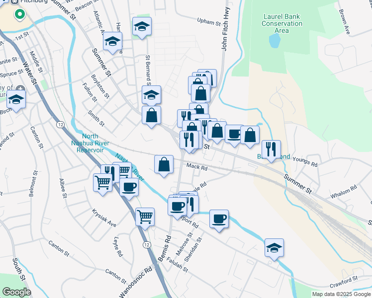 map of restaurants, bars, coffee shops, grocery stores, and more near 24 John Fitch Highway in Fitchburg