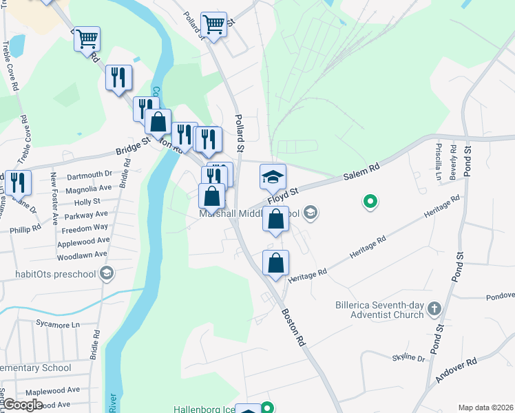 map of restaurants, bars, coffee shops, grocery stores, and more near 35 Parlmont Park in Billerica