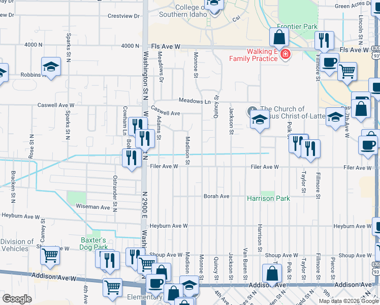 map of restaurants, bars, coffee shops, grocery stores, and more near 544 Madison Street in Twin Falls