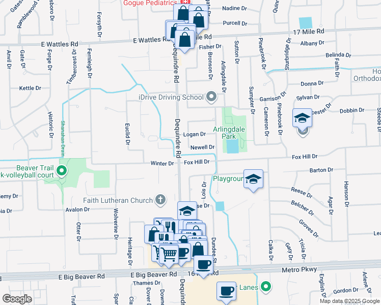 map of restaurants, bars, coffee shops, grocery stores, and more near 2014 Newell Drive in Sterling Heights