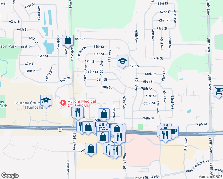 map of restaurants, bars, coffee shops, grocery stores, and more near 9819 70th Street in Kenosha