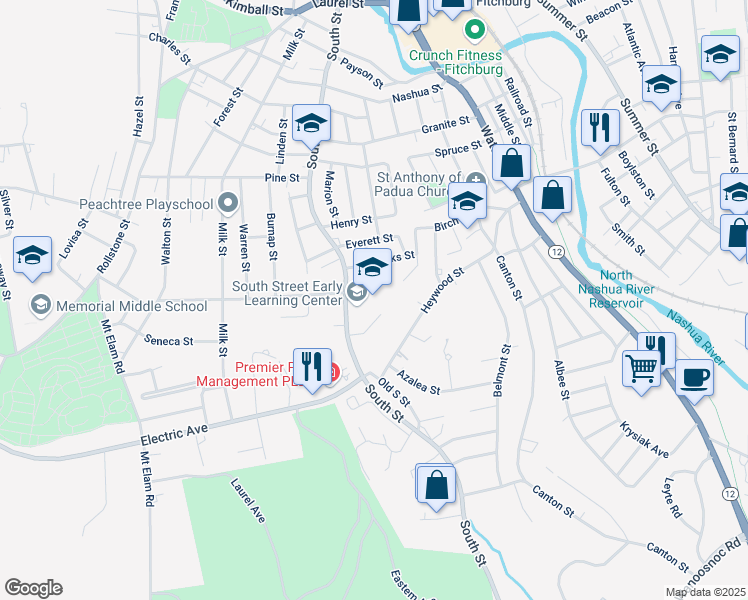 map of restaurants, bars, coffee shops, grocery stores, and more near 376 South Street in Fitchburg