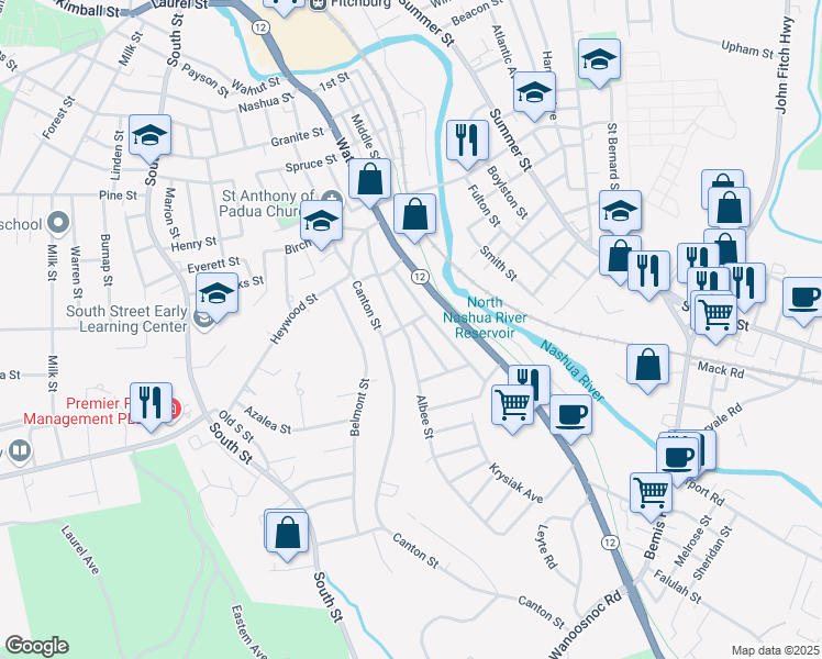 map of restaurants, bars, coffee shops, grocery stores, and more near 4 Fairlawn Street in Fitchburg