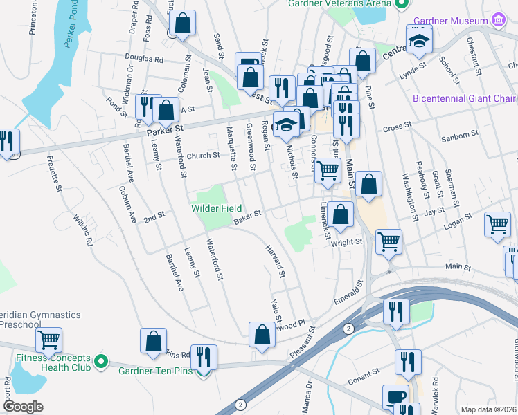 map of restaurants, bars, coffee shops, grocery stores, and more near 119 Greenwood Street in Gardner