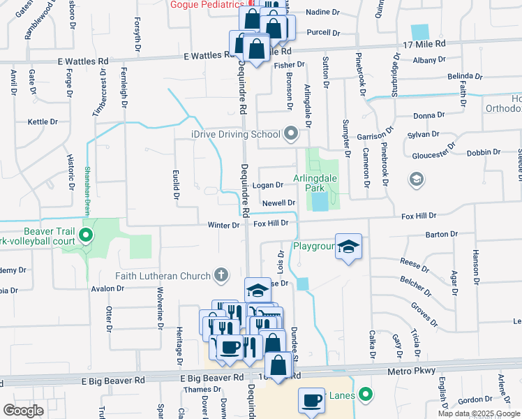 map of restaurants, bars, coffee shops, grocery stores, and more near 2014 Newell Drive in Sterling Heights