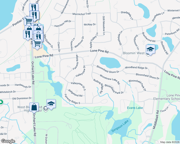 map of restaurants, bars, coffee shops, grocery stores, and more near 4580 Rolling Ridge Road in West Bloomfield Township