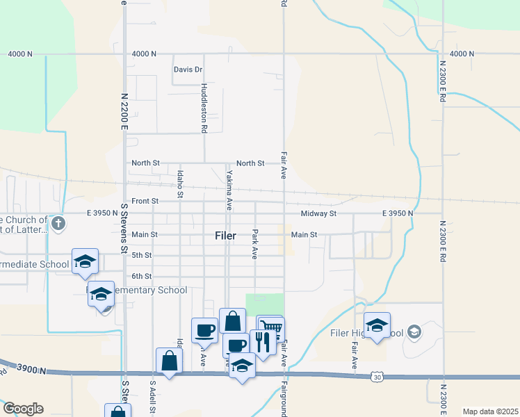 map of restaurants, bars, coffee shops, grocery stores, and more near 128 West Midway Street in Filer