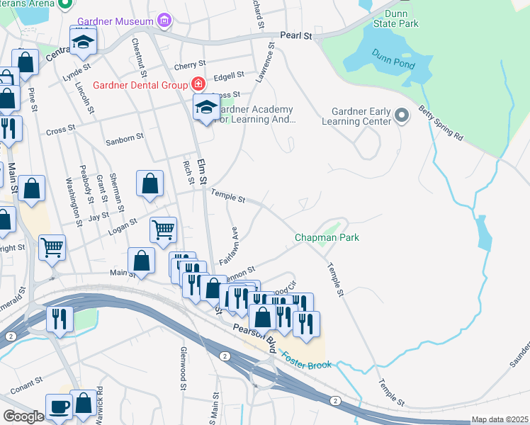 map of restaurants, bars, coffee shops, grocery stores, and more near 101 Temple Street in Gardner