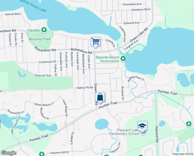 map of restaurants, bars, coffee shops, grocery stores, and more near 4425 Green Lake Road in West Bloomfield Township