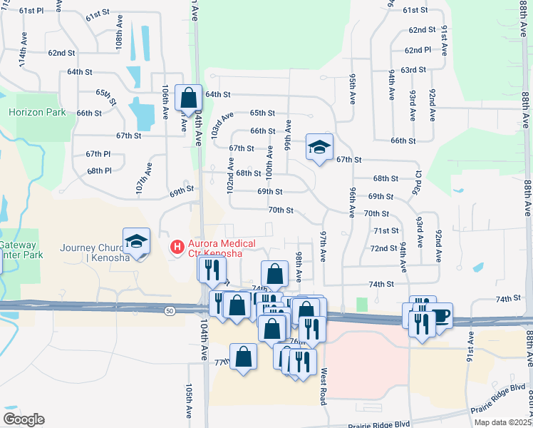 map of restaurants, bars, coffee shops, grocery stores, and more near 10001 70th Street in Kenosha