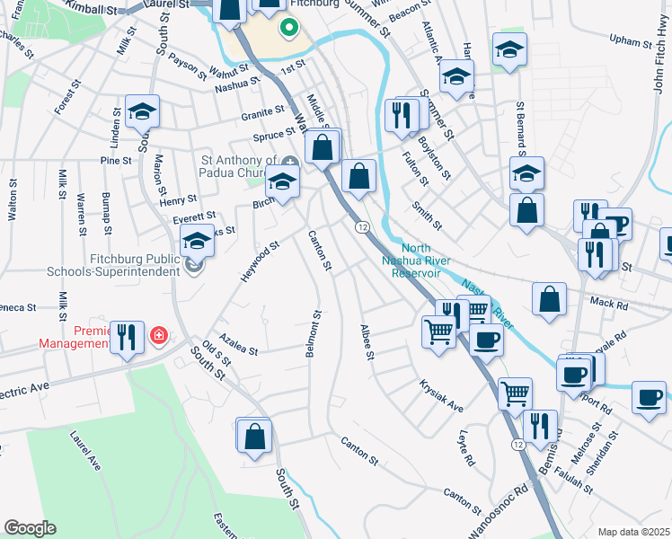 map of restaurants, bars, coffee shops, grocery stores, and more near 6 Cleveland Street in Fitchburg