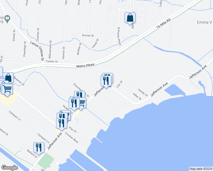 map of restaurants, bars, coffee shops, grocery stores, and more near Jefferson Avenue in Harrison charter Township