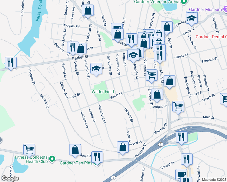 map of restaurants, bars, coffee shops, grocery stores, and more near 127 Marquette Street in Gardner