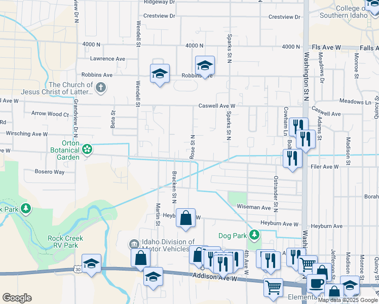 map of restaurants, bars, coffee shops, grocery stores, and more near 528 Rose Street North in Twin Falls
