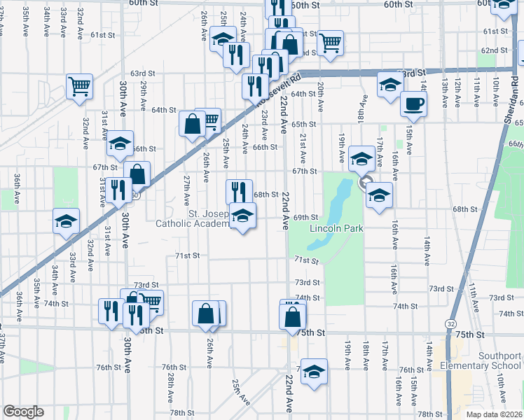 map of restaurants, bars, coffee shops, grocery stores, and more near 6820 23rd Ave in Kenosha