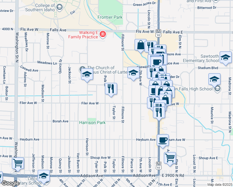 map of restaurants, bars, coffee shops, grocery stores, and more near 647 Filer Avenue in Twin Falls