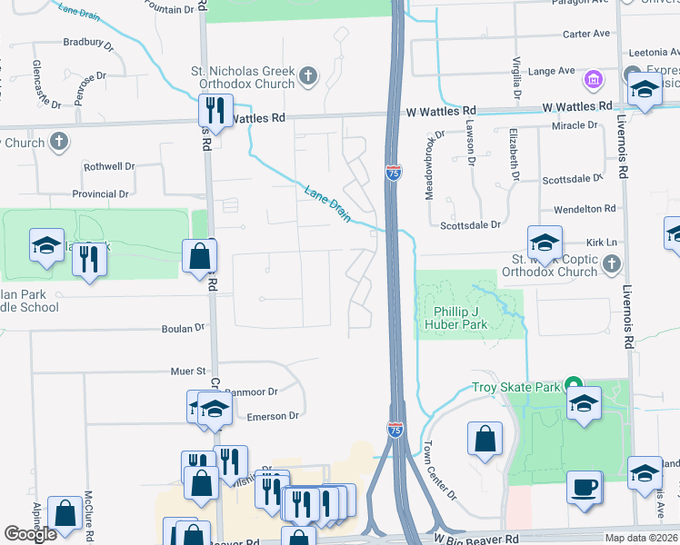 map of restaurants, bars, coffee shops, grocery stores, and more near 3660 Oriole Dr in Troy