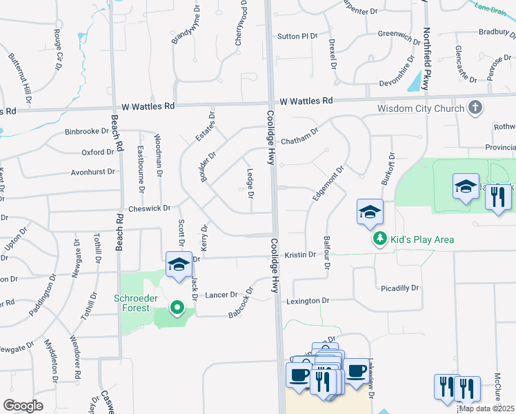 map of restaurants, bars, coffee shops, grocery stores, and more near 3678 Boulder Drive in Troy