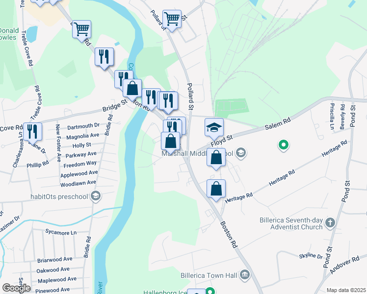 map of restaurants, bars, coffee shops, grocery stores, and more near 314 Boston Road in Billerica