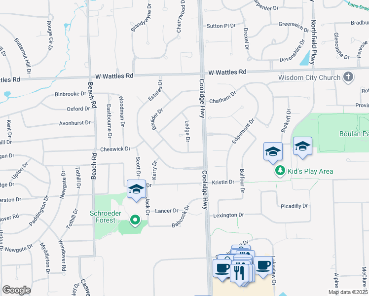 map of restaurants, bars, coffee shops, grocery stores, and more near 3678 Boulder Drive in Troy