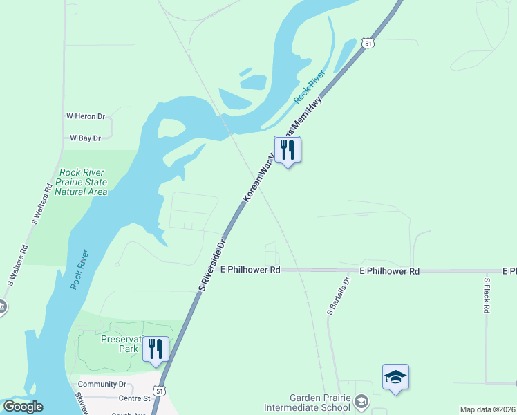 map of restaurants, bars, coffee shops, grocery stores, and more near 3587 S Riverside Dr in Beloit