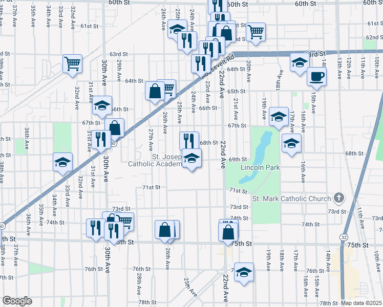 map of restaurants, bars, coffee shops, grocery stores, and more near 6820 24th Avenue in Kenosha
