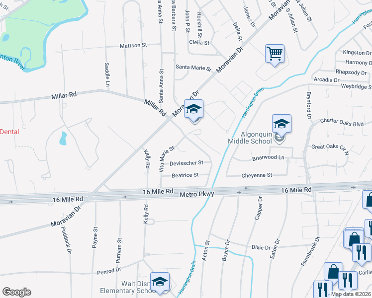 map of restaurants, bars, coffee shops, grocery stores, and more near 18639 Gina Court in Charter Township of Clinton