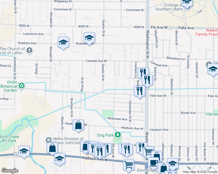 map of restaurants, bars, coffee shops, grocery stores, and more near 359 Orchalara Avenue in Twin Falls