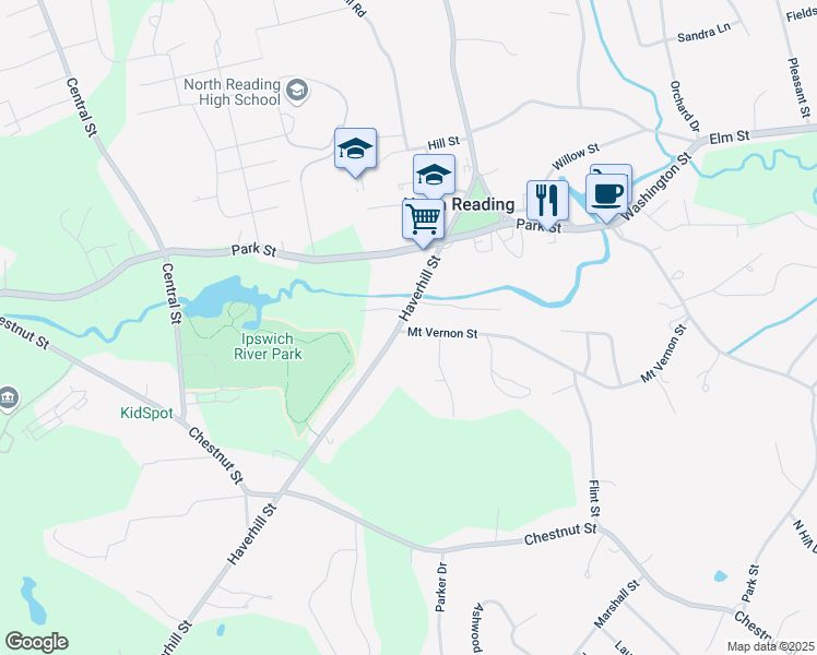 map of restaurants, bars, coffee shops, grocery stores, and more near 109 Haverhill Street in North Reading