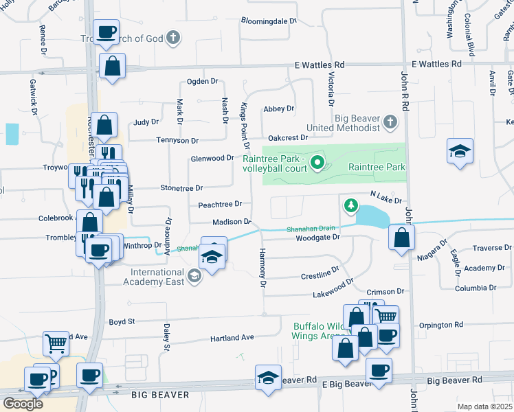 map of restaurants, bars, coffee shops, grocery stores, and more near 3538 Kings Point Drive in Troy