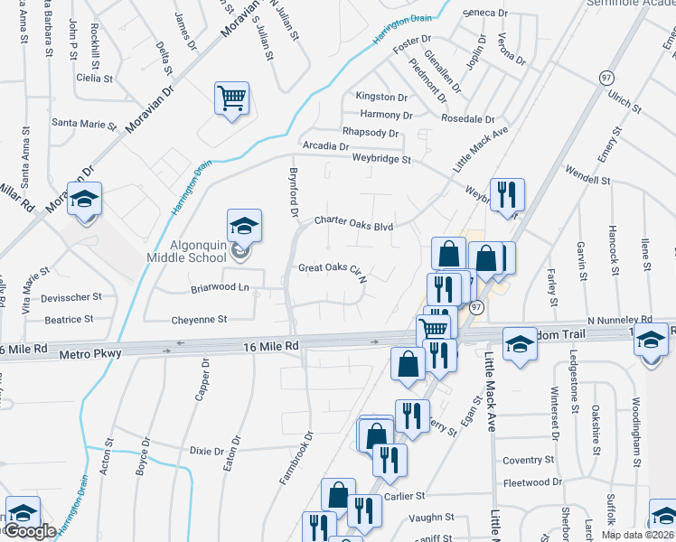 map of restaurants, bars, coffee shops, grocery stores, and more near 37264 Charter Oaks Boulevard in Clinton Township
