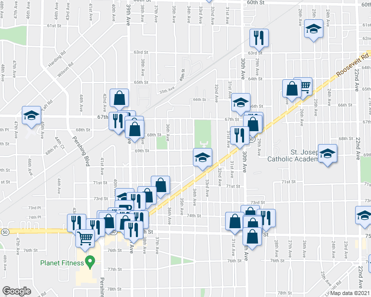 map of restaurants, bars, coffee shops, grocery stores, and more near 6829 35th Avenue in Kenosha