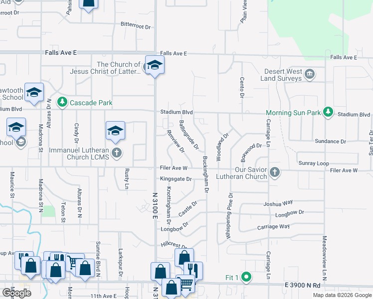 map of restaurants, bars, coffee shops, grocery stores, and more near 550 Rimview Drive in Twin Falls