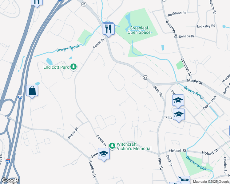 map of restaurants, bars, coffee shops, grocery stores, and more near 19 Bayberry Road in Danvers