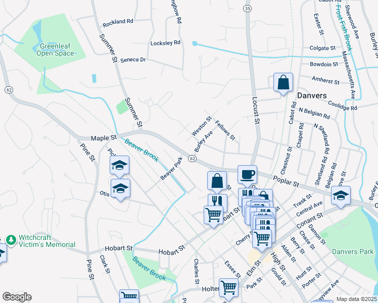 map of restaurants, bars, coffee shops, grocery stores, and more near 181 Maple Street in Danvers