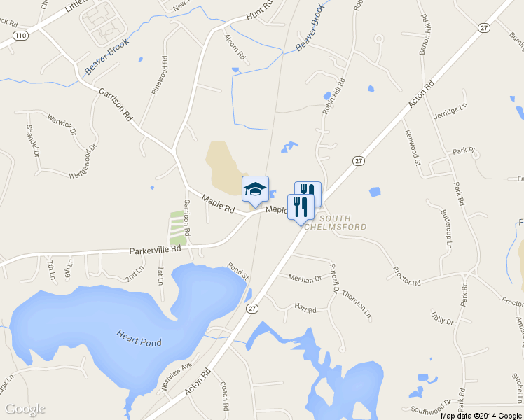 map of restaurants, bars, coffee shops, grocery stores, and more near 25 Maple Road in Chelmsford