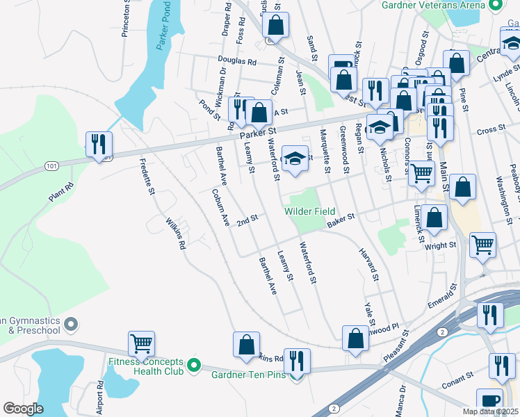 map of restaurants, bars, coffee shops, grocery stores, and more near 91 Leamy Street in Gardner