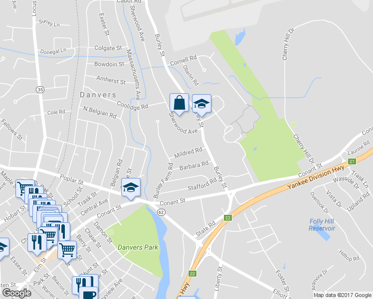 map of restaurants, bars, coffee shops, grocery stores, and more near 8 Mildred Road in Danvers