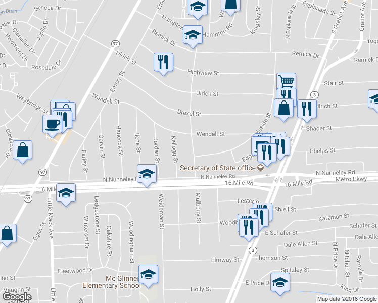 map of restaurants, bars, coffee shops, grocery stores, and more near 37139 Mulberry Street in Charter Township of Clinton