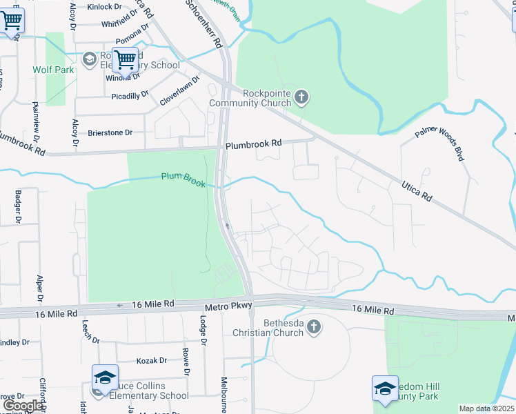 map of restaurants, bars, coffee shops, grocery stores, and more near 37194 Manchester Drive in Sterling Heights
