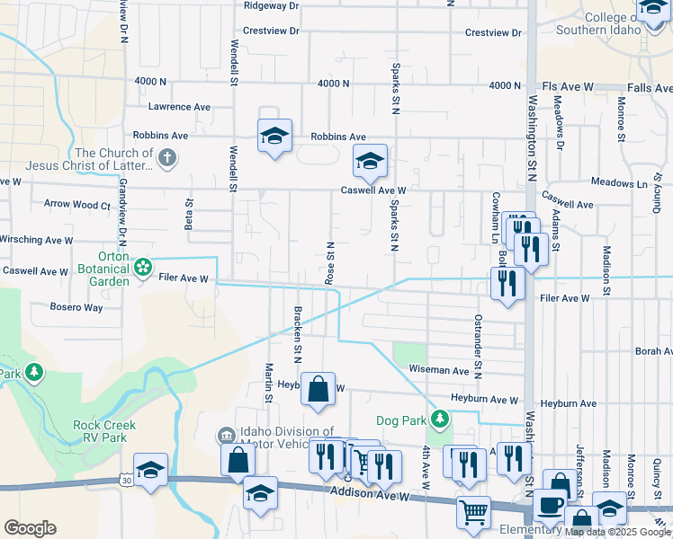 map of restaurants, bars, coffee shops, grocery stores, and more near 528 Rose St N in Twin Falls