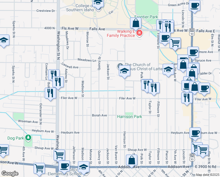 map of restaurants, bars, coffee shops, grocery stores, and more near 558 Jackson Street in Twin Falls
