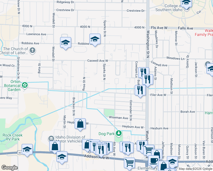 map of restaurants, bars, coffee shops, grocery stores, and more near 359 Orchalara Avenue in Twin Falls