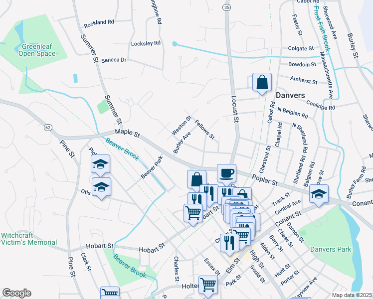 map of restaurants, bars, coffee shops, grocery stores, and more near 58 Lindall Street in Danvers