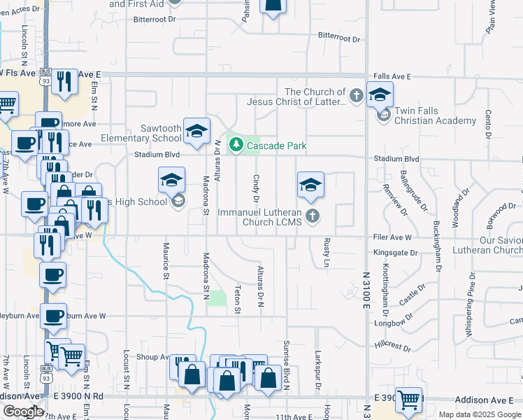 map of restaurants, bars, coffee shops, grocery stores, and more near 568 Cindy Drive in Twin Falls