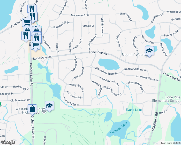map of restaurants, bars, coffee shops, grocery stores, and more near 4580 Rolling Ridge Road in West Bloomfield Township