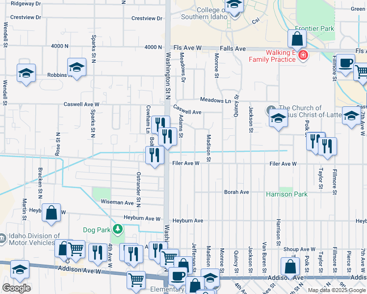 map of restaurants, bars, coffee shops, grocery stores, and more near 560 Adams Street in Twin Falls