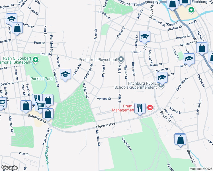 map of restaurants, bars, coffee shops, grocery stores, and more near 191 Ellis Street in Fitchburg